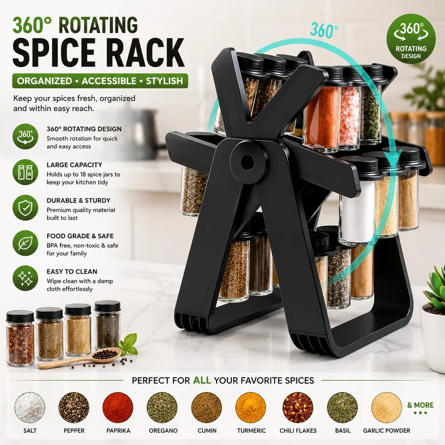 18-Jar Rotating Spice Rack – 360° Kitchen Organizer