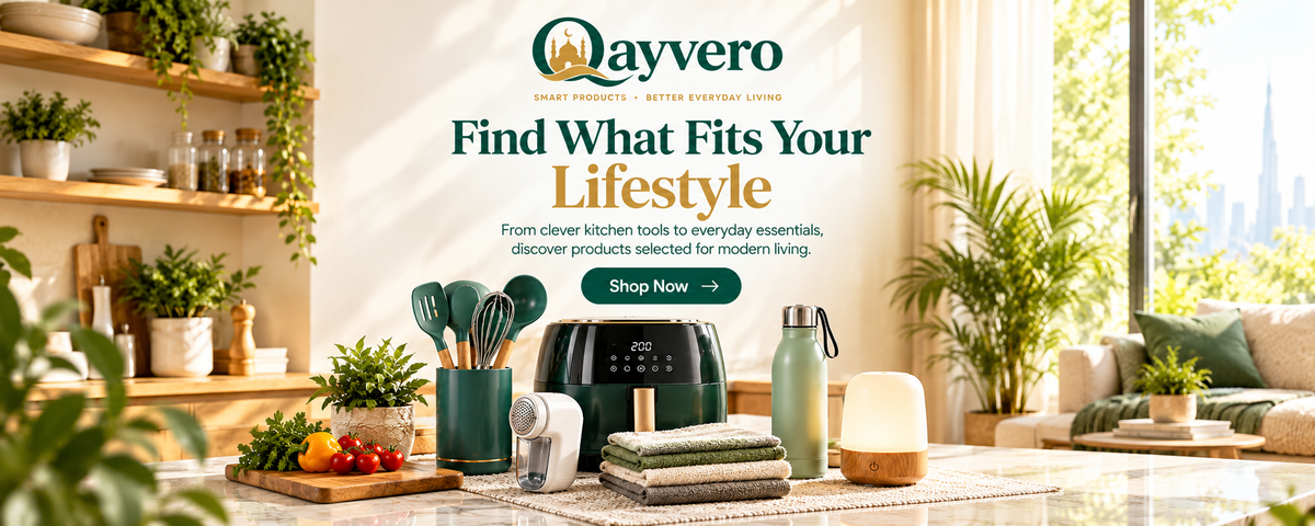 A promotional banner for Qayvero kitchen tools, featuring a black countertop appliance, a green utensil holder, a green bottle, and folded towels on a kitchen counter in a bright, modern kitchen setting.