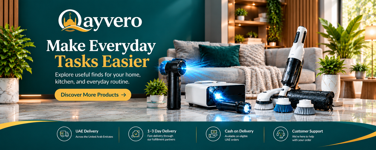 A promotional banner for Qayvero home cleaning products, showing several vacuum and cleaning tools arranged on a glossy floor in a modern living room setting. The banner includes large text reading 'Qayvero Make Everyday Tasks Easier' and feature icons for UAE delivery, 1-1 day delivery, cash on delivery, and customer support.